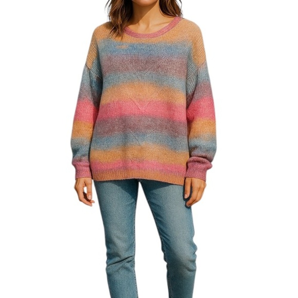 Entro Rainbow Ombre Heart Cable Knit Sweater Small Multicolor Pastel Boho Casual